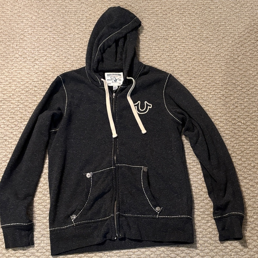 True Religion Black Hoodie With Thick White Stitching. Great Condition Size M